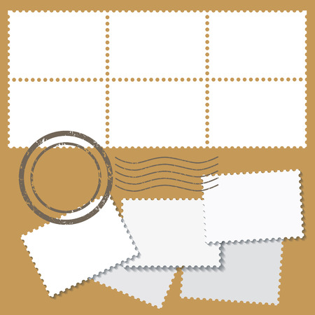 Blank postage marks in white color with stamps isolated on beige background.のイラスト素材