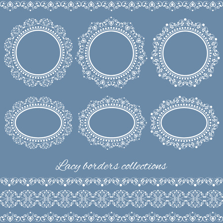 Set collections of vintage lacy borders and frames. White cute elegant elements isolated on blue background.のイラスト素材