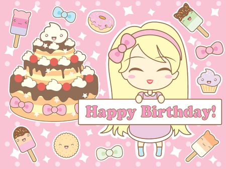Happy birthday card with cute smiling cartoon girl.のイラスト素材