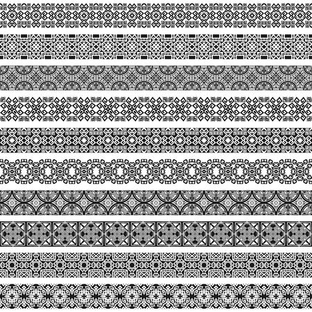 Design elements and page decoration in black and white colors. Most popular ethnic borders in one mega pack set collections. Vector illustrations.Could be used as divider, frame, etcのイラスト素材