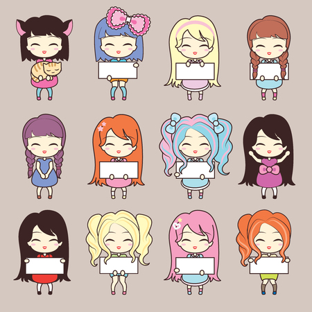 Set collections of four cute girls holding blank frames, cat. Isolated on grey beige background. Vector illustration. Can use for birthday card, as labels etcのイラスト素材