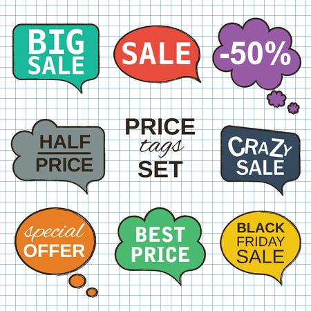 Interactive multicolored labels. Sale promotion speech bubbles collection set with price tags isolated on white squared paper sheet pattern background.. Vector illustration.のイラスト素材