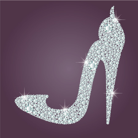 Elegant ladies high heels shoe shape, made with shiny diamonds. Isolated on the round gradient dark violet background. Vector illustration.のイラスト素材