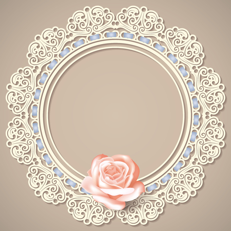 retro background with white empty lace frame doily, realistic rose on beige background. in pastel colors. for greeting, birthday card, wedding invitation. vector illustration.のイラスト素材