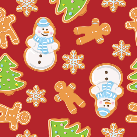 Christmas gingerbread seamless pattern. Ginger cookies on red background.のイラスト素材