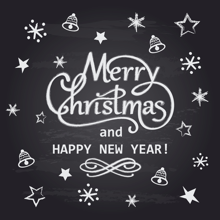 Merry Christmas and Happy New Year chalk hand drawn lettering greeting card design . Handmade calligraphy on blackboard background with stars, bells and snowflakesのイラスト素材