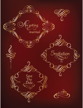 Vector set of calligraphic elements and page decoration. Collection of golden vintage frames and flourishes. For calligraphy graphic design, postcard, menu, wedding invitation, romantic style.のイラスト素材