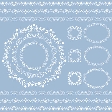Set collections of vintage lacy borders and frames. White cute elegant elements isolated on blue background. Vector illustrationのイラスト素材
