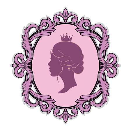 Elegance pink purple cameo with profile silhouette of a princess in a frame. Isolated on white background. Vector illustrations.のイラスト素材