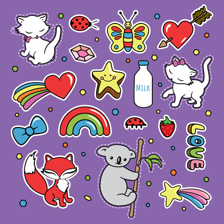 Stickers collections in pop art style isolated with white strokes on violet purple background. Trendy fashion chic patches, pins, badges design set in cartoon 80s-90s comic style. Vector illustration.のイラスト素材