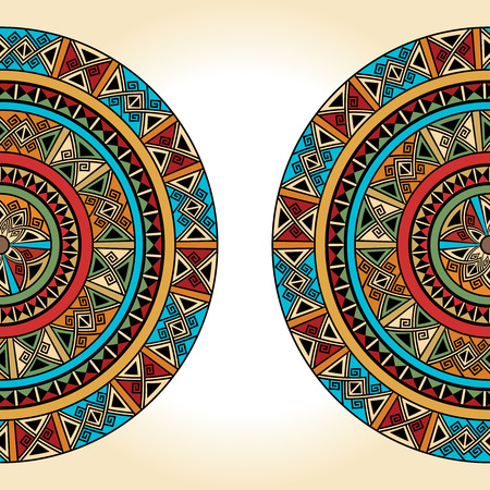 Background for cards, invitations, banners. You can use it for place any text here. Ethnic traditional colorful bright half round pattern on beige background, vectorのイラスト素材