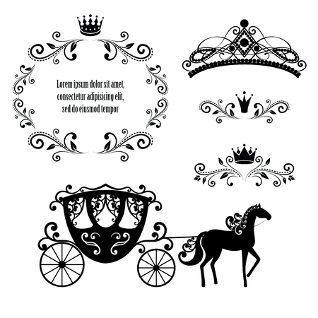 Design elements, vintage royalty frame with crown, ornamental style diadem, carriage in black color. Vector illustration. Isolated on white background. Can use for birthday card, wedding invitations.のイラスト素材