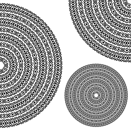 Monochromatic ethnic textures. Round whole, half and quarter ornamental vector shapes isolated on white. oriental arabesque pattern background. Vector illustration in black and white colors.のイラスト素材