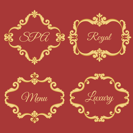 Set collection of ornamental vintage frames with sample text in golden yellow color. Vector illustration. Isolated on red. Can use for birthday card, wedding invitations, restaurants menu, spaのイラスト素材