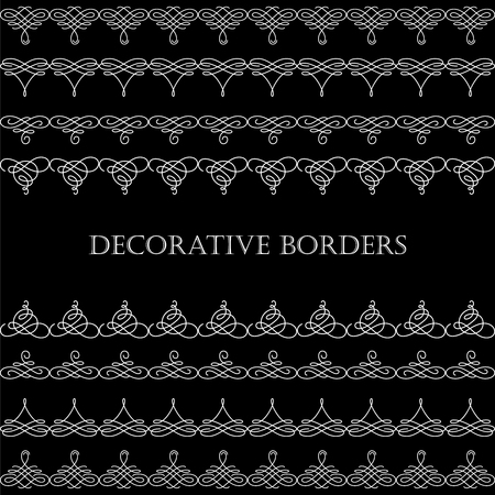 Set collection of borders with sample text in calligraphic retro style isolated on black background. Can be used for decorate cards, invitations, menu. Vector illustrationのイラスト素材