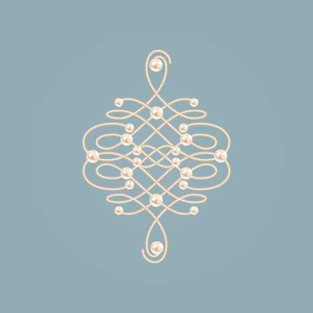 Elegant golden knot sign.. Blue and beige pastel illustration, beautyful calligraphic flourish with pearls. Vectorのイラスト素材