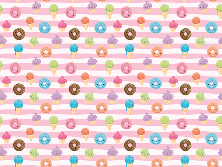 Seamless pattern with sweets - ice cream, donuts, cupcakes isolated on linear white and pink background. Can use for birthday card, the childrens menu, packaging, textiles, fabrics, wallpaperの写真素材