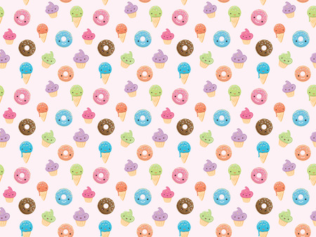 Seamless pattern with sweets in kawaii style. Ice cream, donuts, cupcakes isolated on pastel pink background. Can use for birthday card, the childrens menu, packaging, textiles, fabrics, wallpaperの写真素材