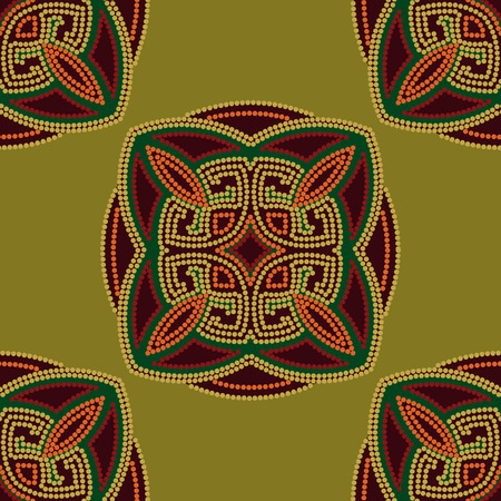 Colourful ethnic seamless pattern background in green and burgundy, orange colors, vector illustration.のイラスト素材