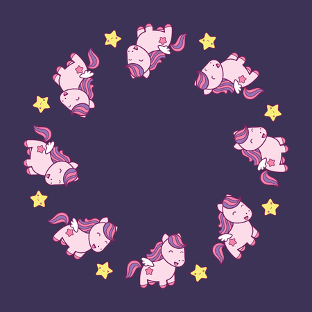 Round frame with cute kawaii style horses and stars isolated on dark violet blue background. Vector illustration.のイラスト素材