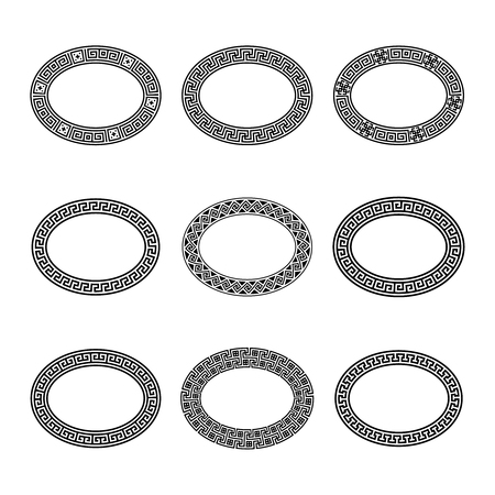 Ethnic set collection. Antique geometric borders in black color on the white background. Greek oval frames with brushes.のイラスト素材