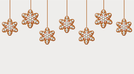 Hanging gingerbread snowflakes cookies on white background.のイラスト素材