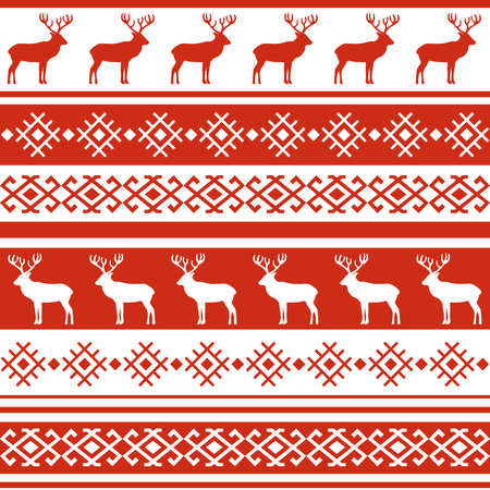 Ethnic Nordic pattern with deer in red and white colors.のイラスト素材