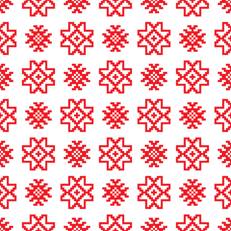 Traditional scandinavian pattern. Nordic ethnic seamless background. Textures in red and white colors. Vector illustration. Can use for warm clothes design, Christmas and new year backgroundのイラスト素材