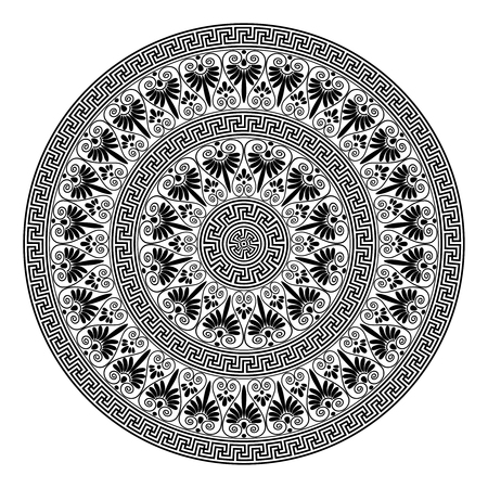 Monochromatic ethnic seamless textures. Round ornamental vector shape isolated on white. oriental arabesque pattern background.のイラスト素材