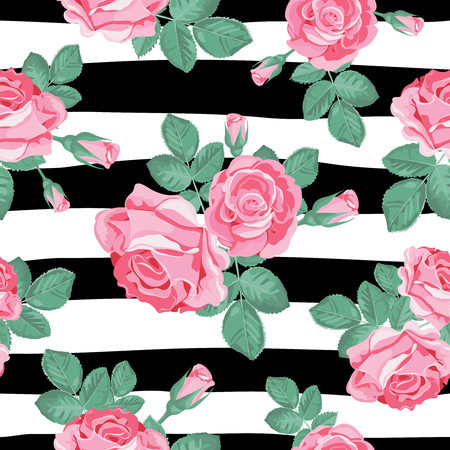 Retro floral seamless pattern. Pink roses with leaves on black and white striped background vector illustration.のイラスト素材