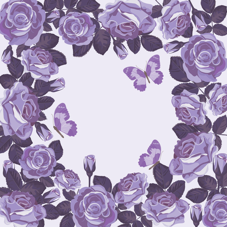 Floral card template with violet roses and butterflies. Beautiful frame. Vector illustration. For wedding, greeting cards, birthday, mothers and woman days, your text or picture.のイラスト素材
