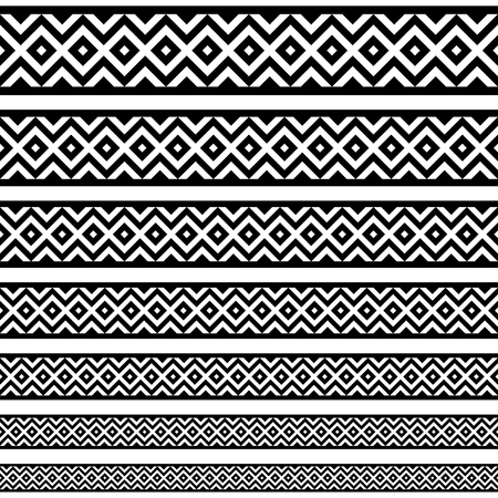 Border decoration elements patterns in black and white colors. Geometrical ethnic border in different sizes set collections. Vector illustrations. Can use as tattoos, frames, patterns, dividersのイラスト素材