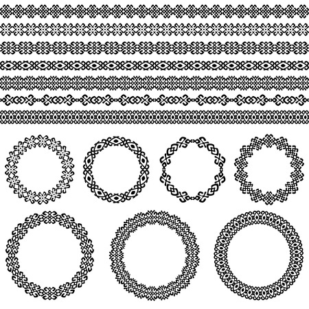 Ethnic abstract border set. Round frames and borders. Decoration element patterns in black and white colors. Vector illustration. のイラスト素材