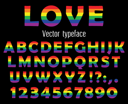 Multicolored vector typeface. Celebrate pride ABC. Colorful letters and numbers isolated on blackのイラスト素材