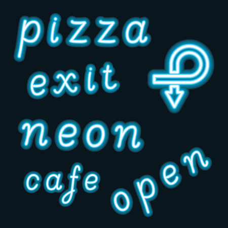 Set of glowing neon signs. Luminous light effect letters and sign on a dark background . Retro 80s techno acid style. Vector illustrationのイラスト素材