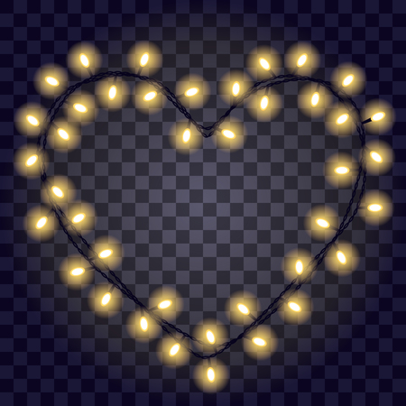 Garland in the form shape of heart with glowing yellow lights isolated on dark violet transparent background. Vector illustration. Festive frame for love cards on Valentines day, birthday, banners.のイラスト素材