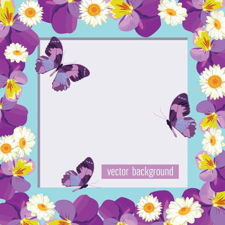 Floral card template with blank or empty frame. Pansies and camomiles on light green blue color for your spring or summer design. Vector illustration.のイラスト素材