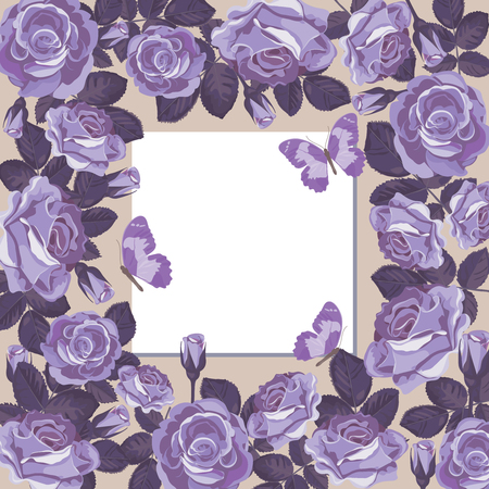 Floral card template with blank or empty frame. Violet roses and butterflies. For wedding, greeting cards, birthday, mothers and woman days, your text or photo. Vector illustration.のイラスト素材