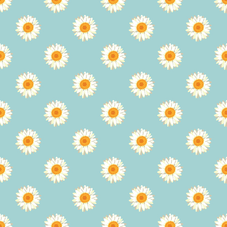 Chamomile seamless pattern. Daisies on retro blue background. Vector illustration.のイラスト素材