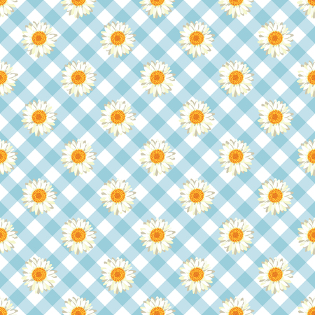 Chamomile seamless pattern. Daisies on retro blue Gingham Check background. Vector illustration.のイラスト素材