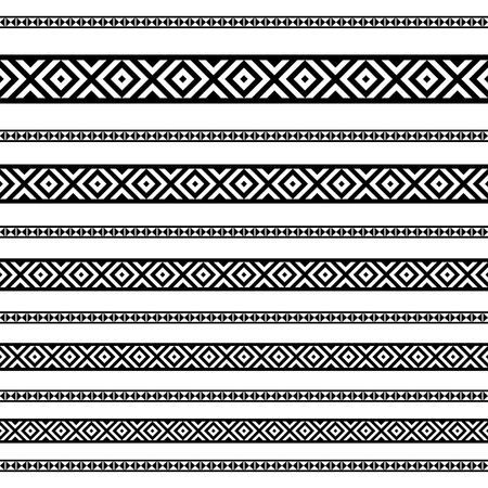 Decoration patterns in black and white colors. Geometrical ethnic border in different sizes set collection vector illustration. Brushes, can easy use as tattoos, frames, patterns, dividers.のイラスト素材