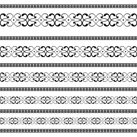Decoration patterns in black and white colors. Geometrical ethnic border in different sizes set collection.のイラスト素材