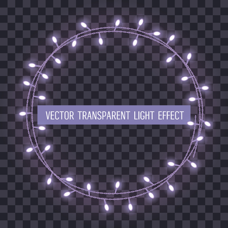 Round frame of overlapping, glowing string lights on a transparent background. Vector illustration. Template for greeting card, poster and banner.のイラスト素材