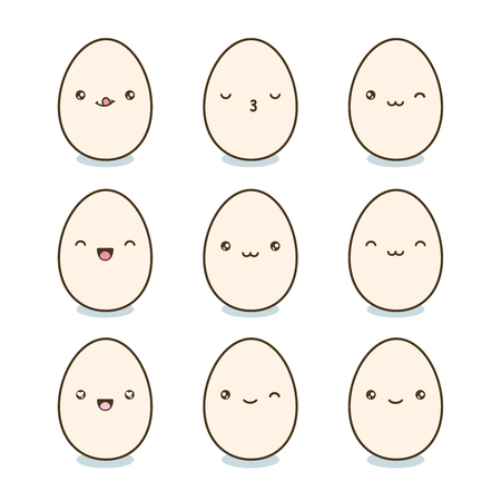 Set of Easter eggs flat icon . Kawaii eggs with cute faces in different expressions on white background.のイラスト素材
