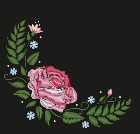 Flowers roses isolated on black background. Vector illustration. Embroidery folk neck line patternのイラスト素材