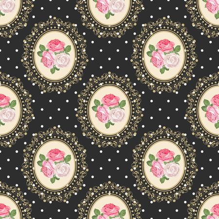 Shabby chic rose seamless pattern on black polka dot background. Vector illustartion.のイラスト素材