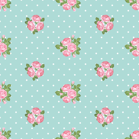 Shabby chic rose seamless pattern on light green polka dot background. Vector illustartion.のイラスト素材