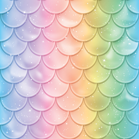 Fish scales seamless pattern. Mermaid tail texture in spectrum colors. Vector illustration. Print design for textile, posters, greeting or child birthday cards, kids designs etc.のイラスト素材