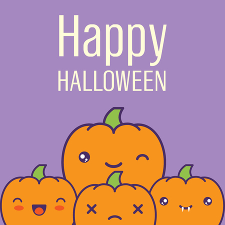 Halloween card with kawaii pumpkins Vector illustration.のイラスト素材