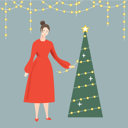 Cute illustration for Christmas and Happy New Year. Girl in the red dress is decorating a Christmas tree. Vector illustration.のイラスト素材